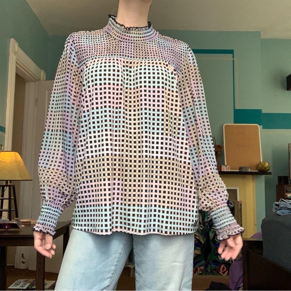 Calvin Klein Pastel Checkered Top Rainbow Sheer Long Sleeves Colorful